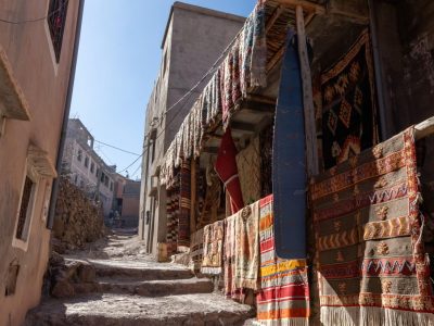 Narrow street and local house at Imlil mountain village at Atlas mountains area Morocco stock photo