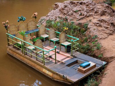 Tourboat at Ouzoud waterfalls, Middle Atlas, Morocco stock photo